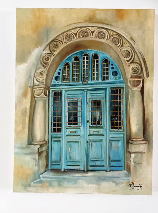 original oil painting featuring an old blue door