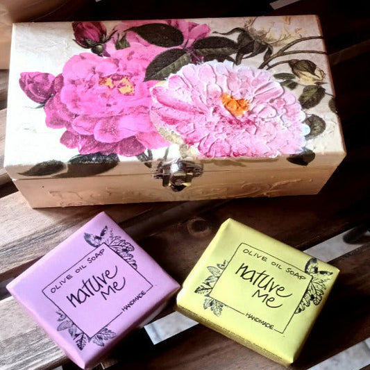 beautifully handcrafted wooden box containing natural soaps