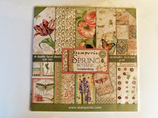 Stamperia Spring Botanic Scrapbooking paper pack featuring 10 double-sided patterned sheets with vintage floral and botanical designs in muted green, pink, and beige tones.
