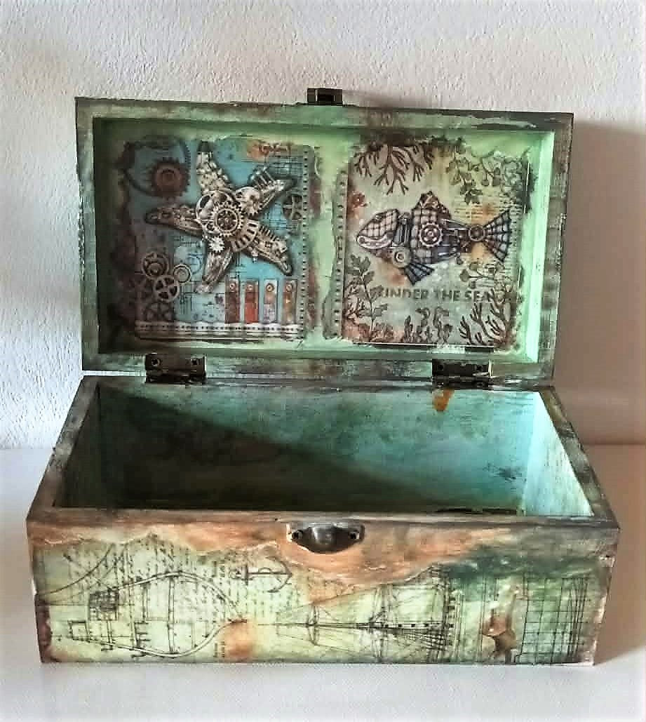 handcrafted small size wooden box with a sea world theme