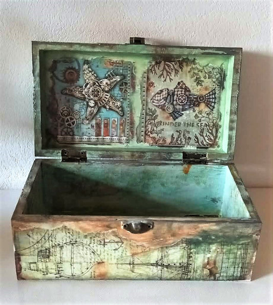 handcrafted small size wooden box with a sea world theme