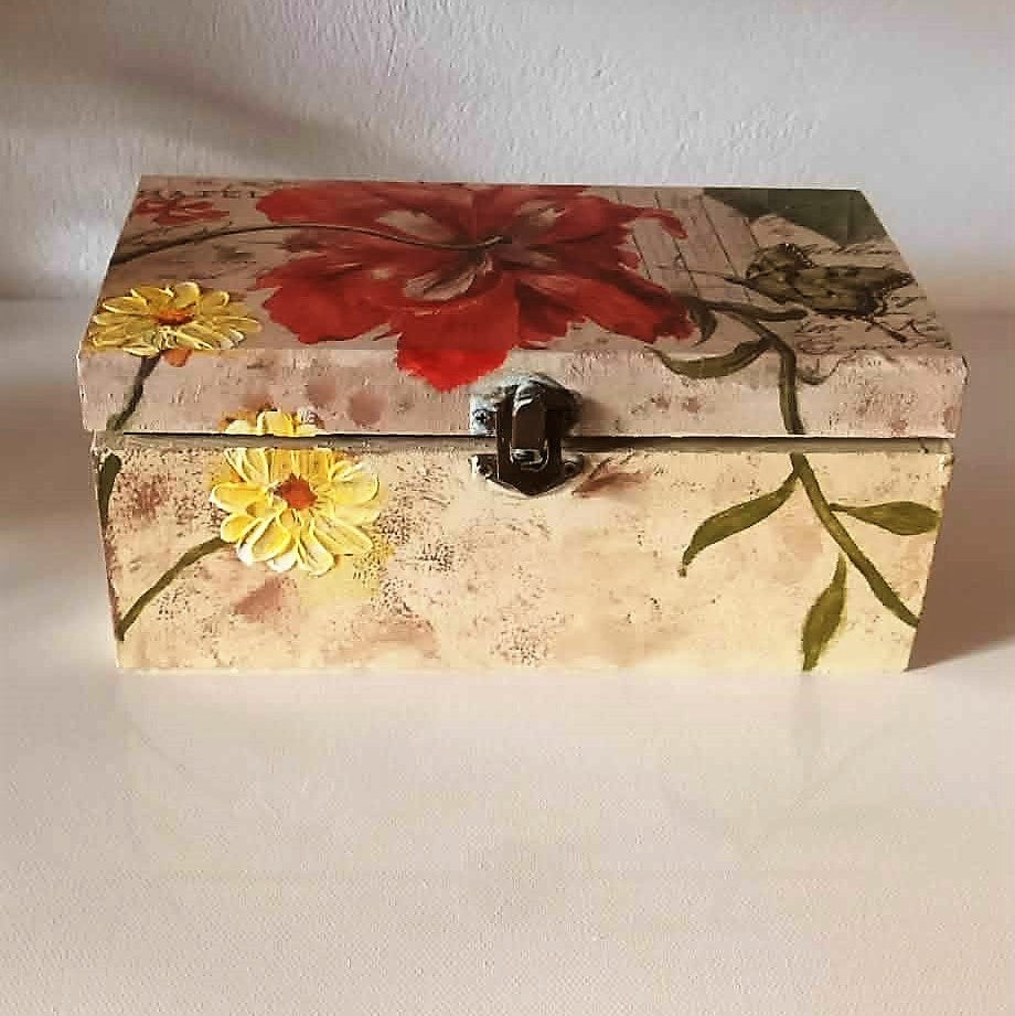 medium size handcrafted wooden box containing beauty products