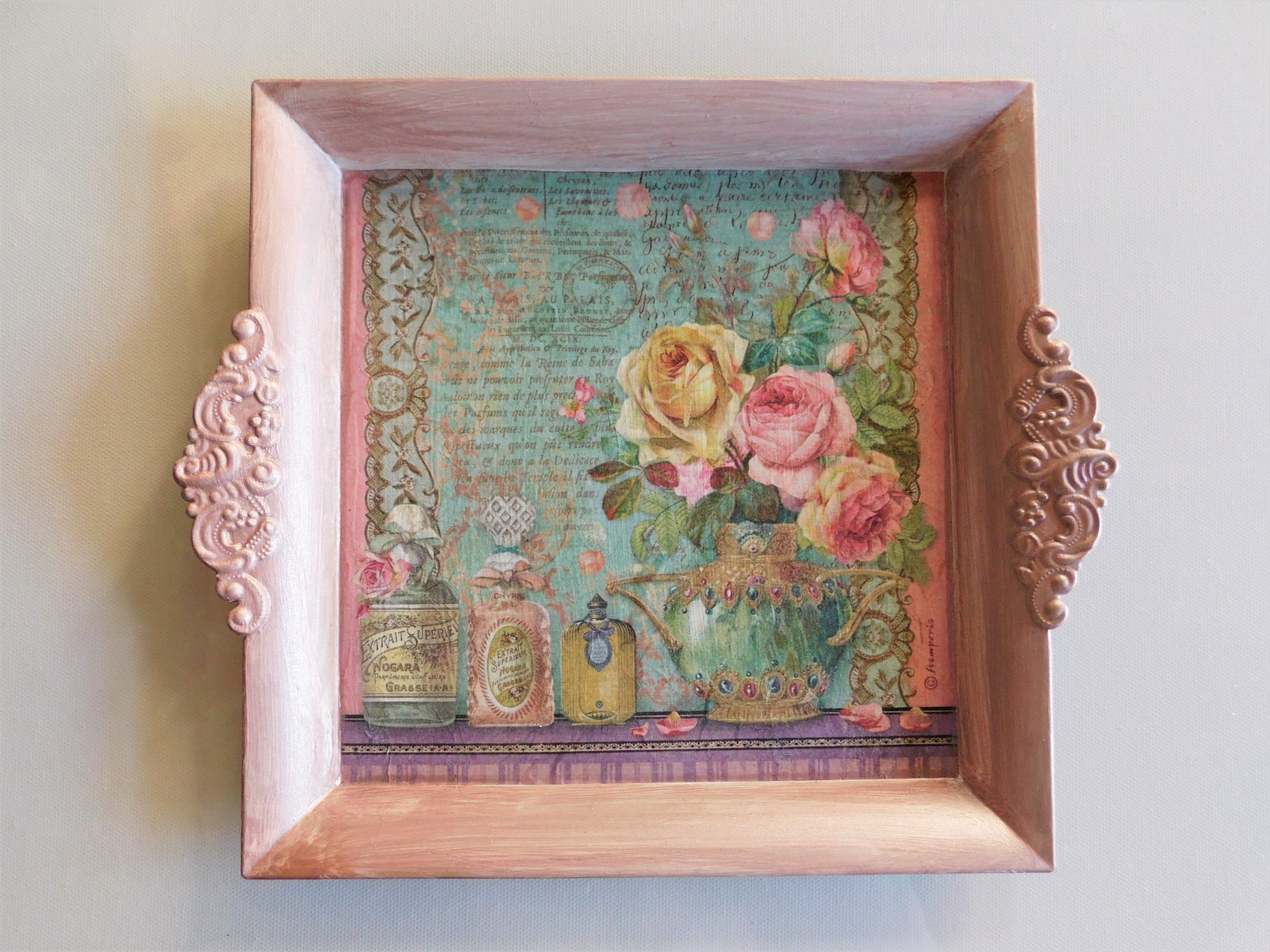 small size wooden tray decorated with decoupage technique 