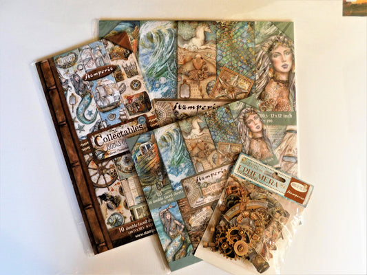 A collection of vintage-themed scrapbooking papers and embellishments from  Stamperia, designed by Antonis Tzanidakis.  The designs feature a mermaid, an antique, steampunk aesthetic with sepia tones, gears, clocks, and illustrations of sea elements