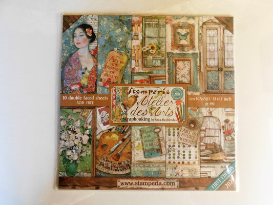 Stamperia 'Atelier des Arts' 12x12 inch double-sided scrapbooking paper sheet set, featuring a vintage collage of art prints, paintings, and frames on a white background.