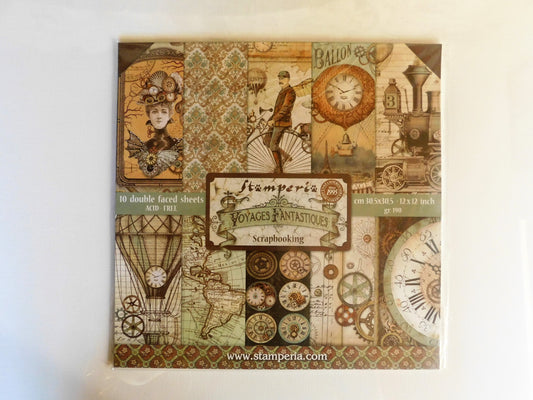 A  scrapbooking paper pad  from Stamperia's 'Voyages Fantastiques' collection, featuring a vintage steampunk collage design with clocks, hot air balloons, gears, and a woman in a steampunk outfit.