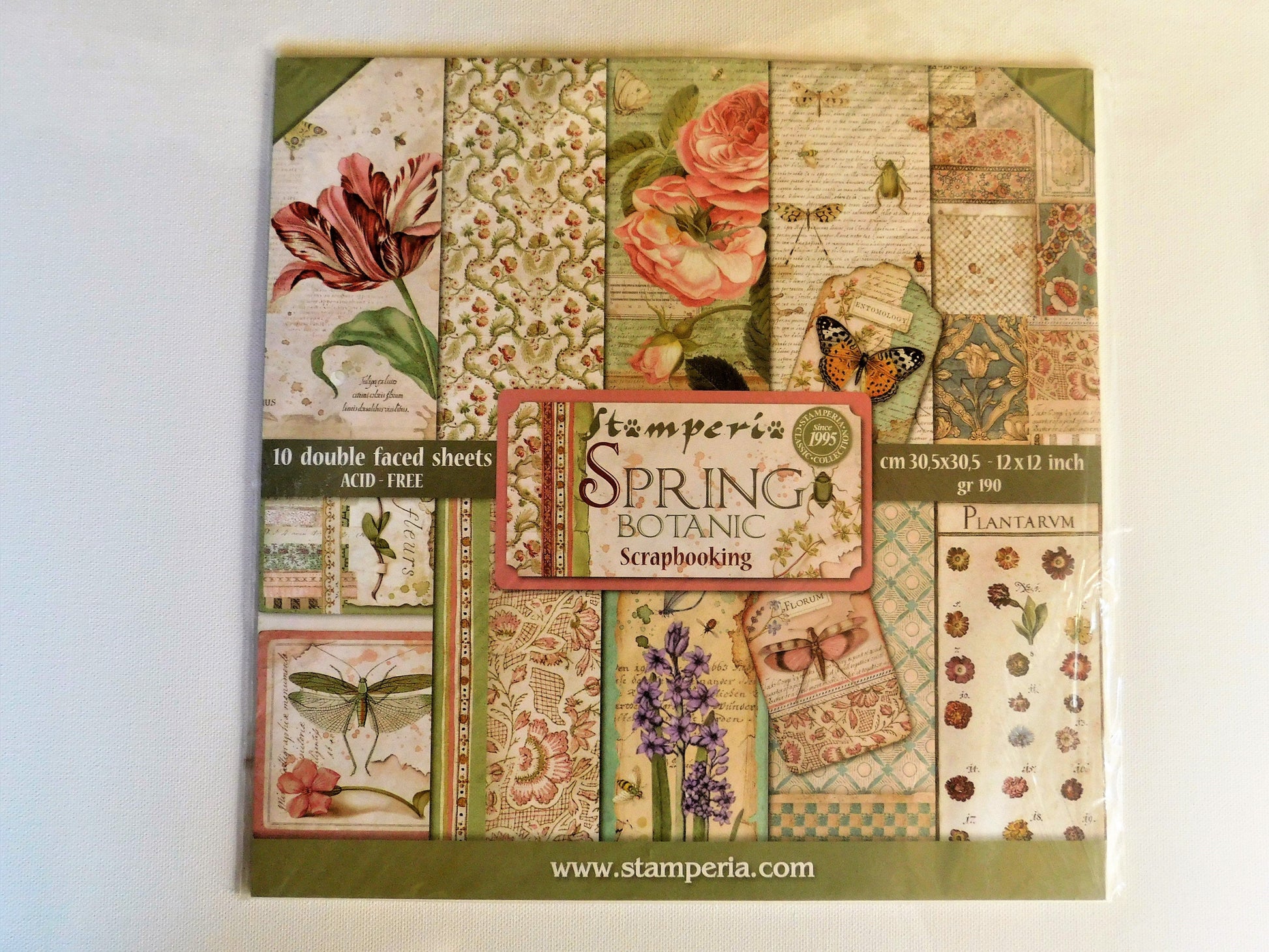 Stamperia Spring Botanic Scrapbooking paper pack featuring 10 double-sided patterned sheets with vintage floral and botanical designs in muted green, pink, and beige tones.