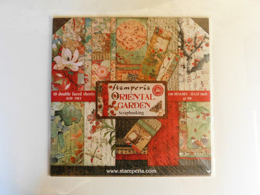 Stamperia Oriental Garden Scrapbooking paper pack, featuring a collage of vintage oriental patterns in red, green, beige, and brown.