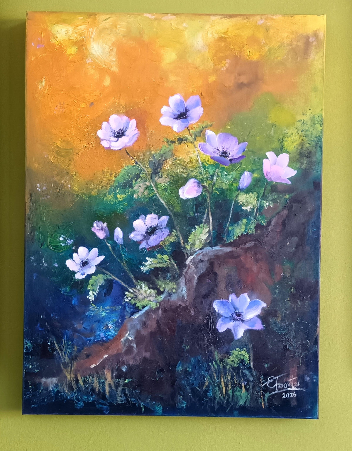 An expressive oil painting of purple anemone flowers blooming on a dark rocky hillside, set against a vibrant golden-yellow and green sky. 