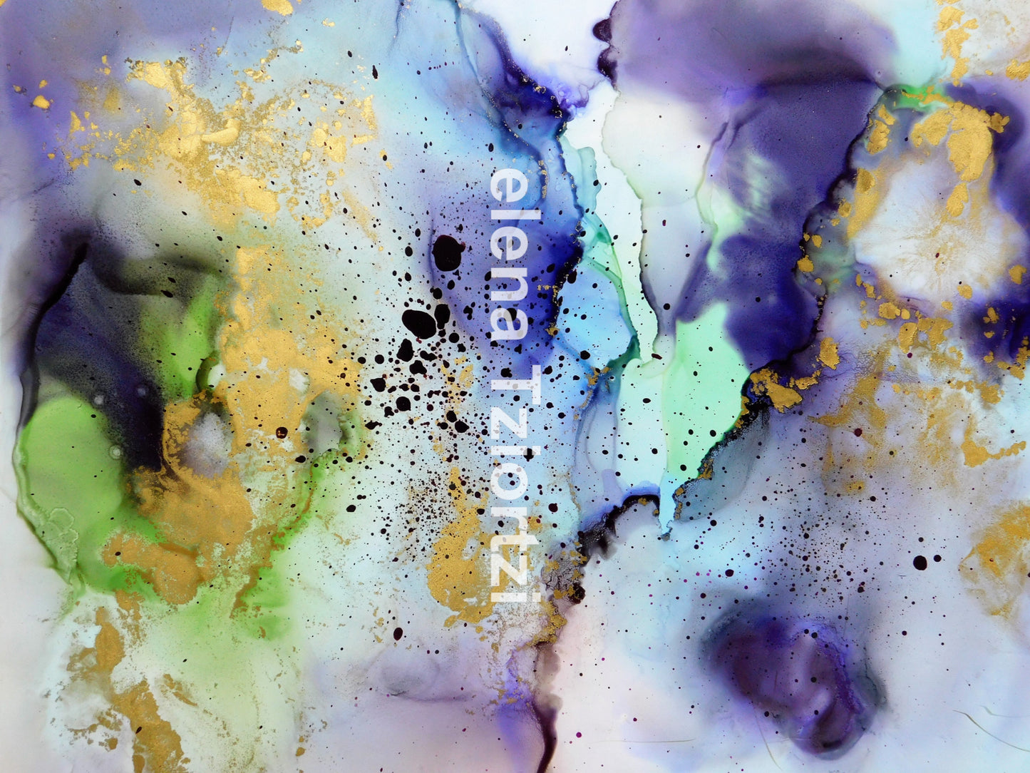 small abstract artwork with splashes of purple, blue, green, and gold